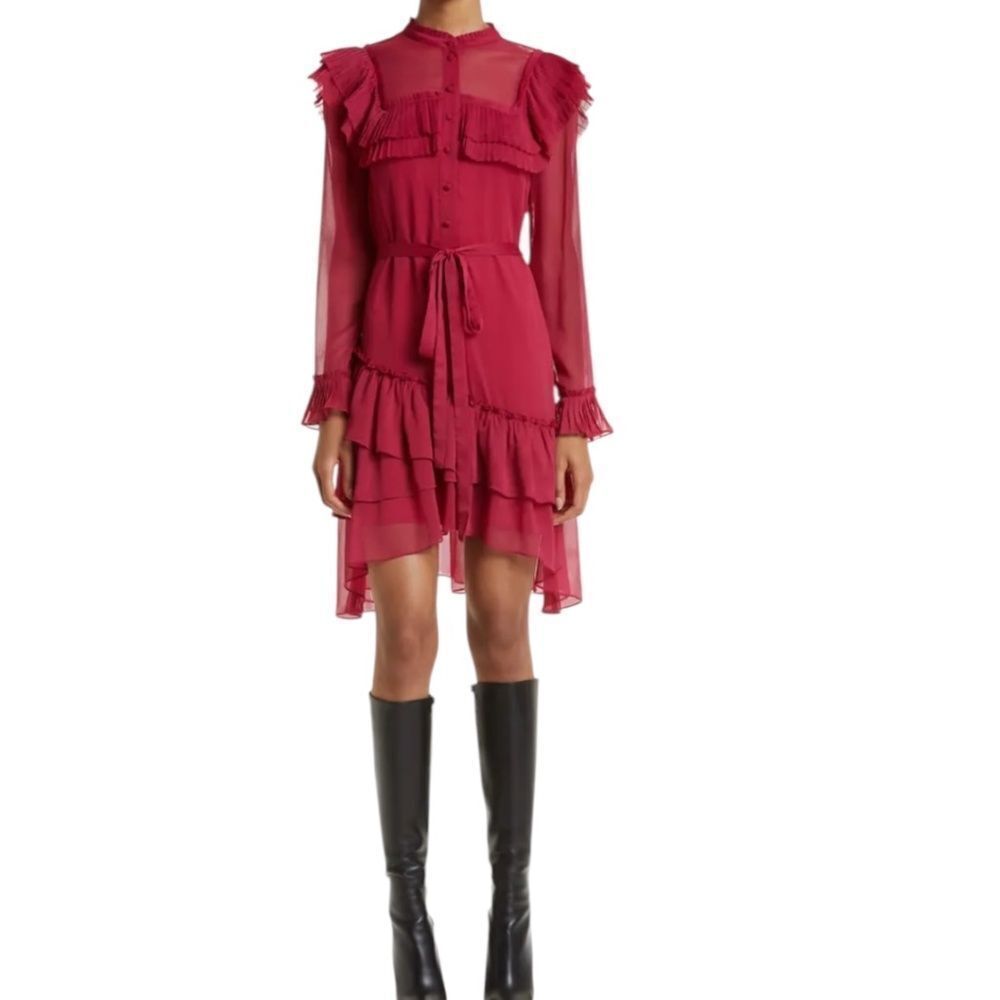 Ted Baker Anastai Chiffon Shirtdress Size 0 Deep Pink Ruffle Tiered High Low